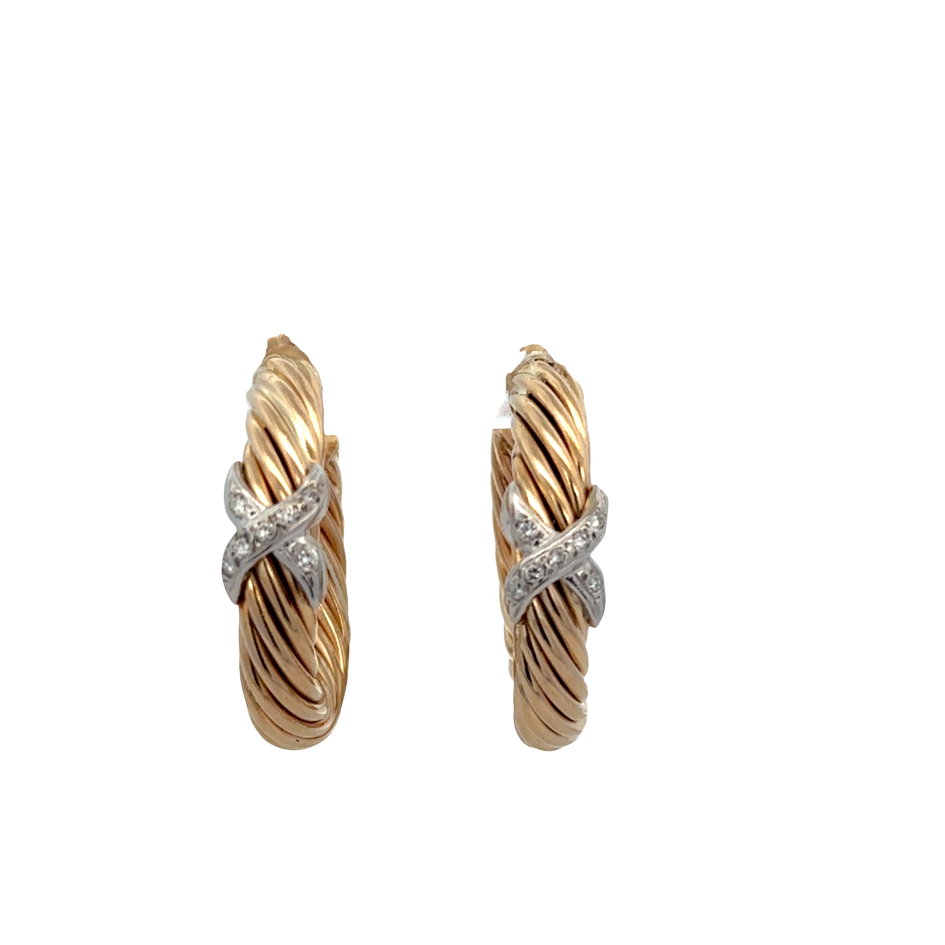 14k Yellow Gold Cable Style Hoop Earrings with Diamond Accented X Motifs