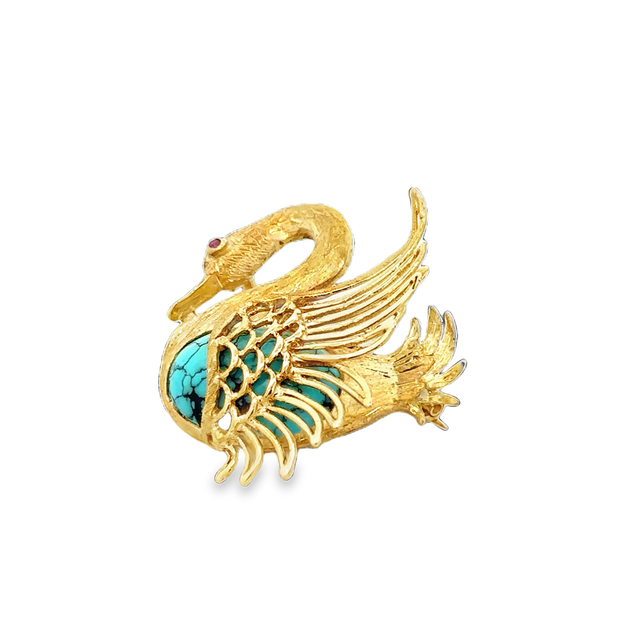 Vintage Turquoise Swan Brooch in 18k Yellow Gold