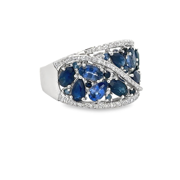 Wide Sapphire and Diamond Band in White Gold
