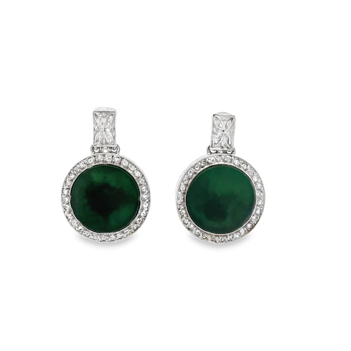 Vintage Art Deco Green Onyx and Rose Cut Diamond Earrings in Platinum and White Gold