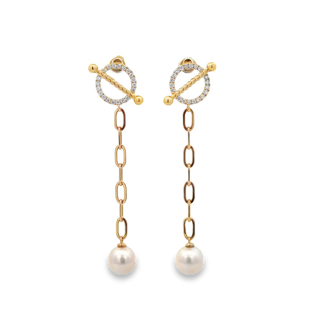 Pearl and Diamond Dangle Earrings in Yellow Gold