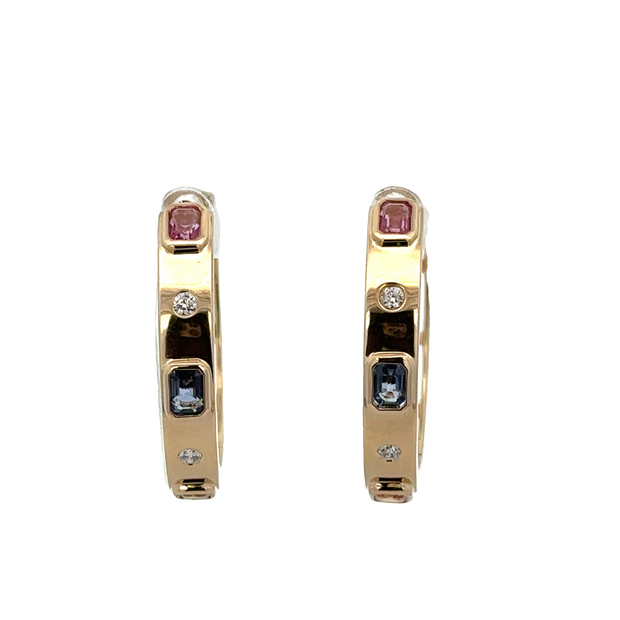 Multicolored Sapphire and Diamond Hoop Earrings in Yellow Gold