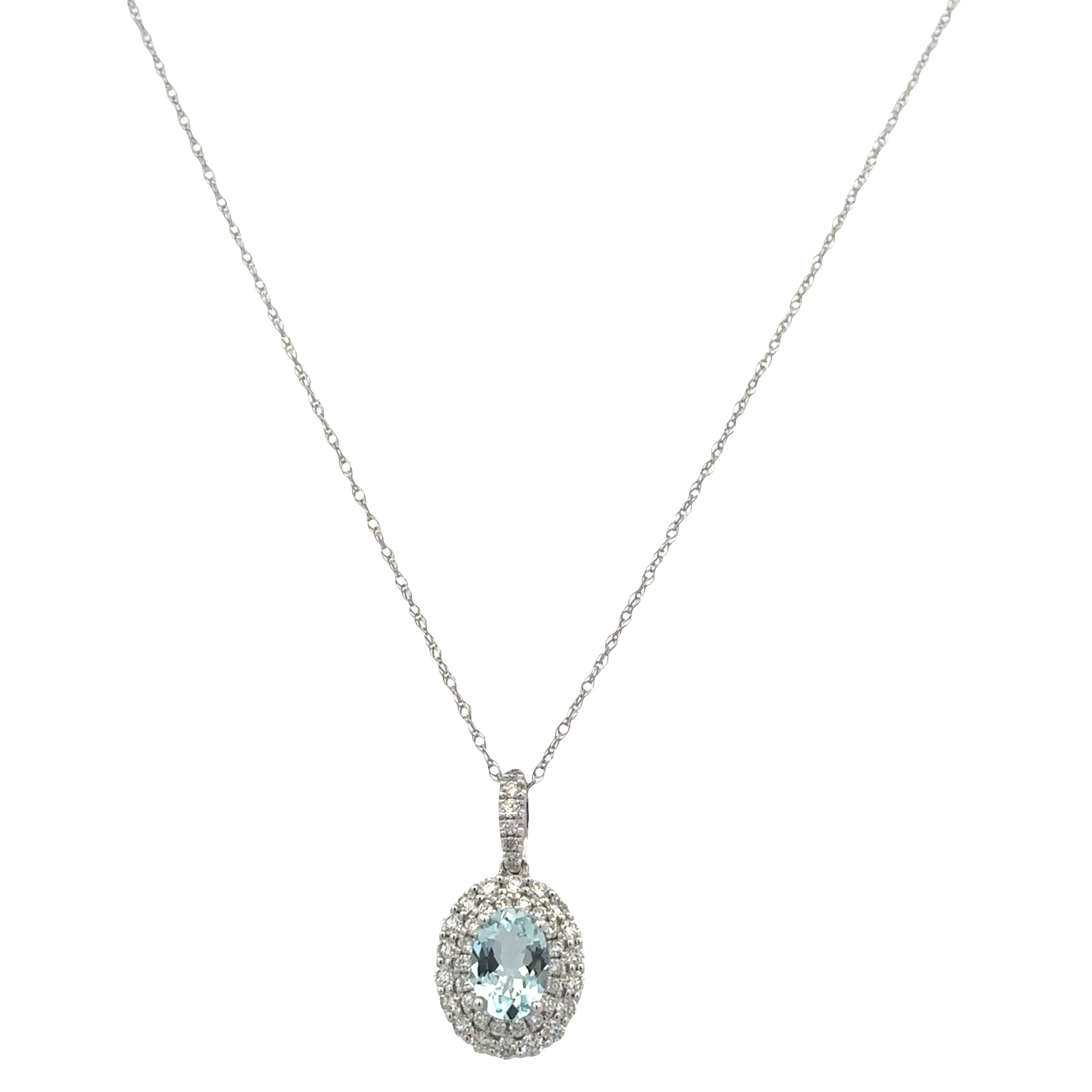 14k White Gold Aquamarine & Diamond Double Halo Pendant