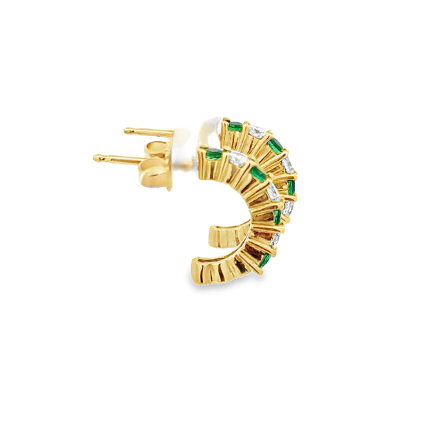 Emerald and Diamond Huggie Earrings in 18k Yellow Gold