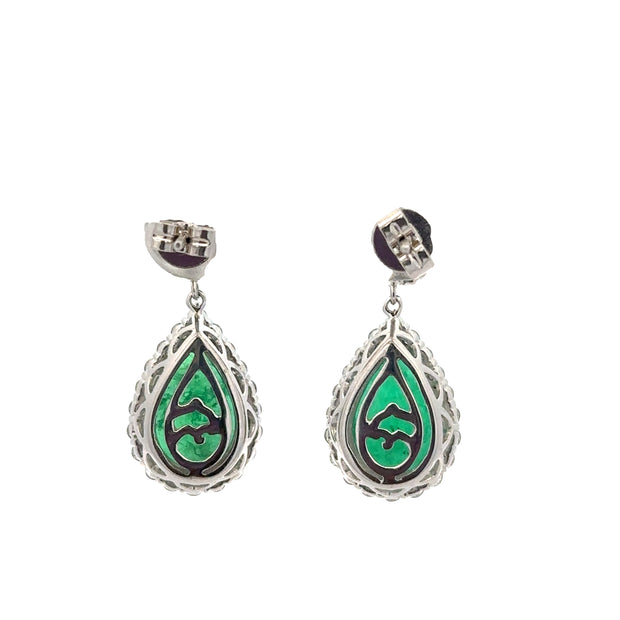 Teardrop Shape Emerald and Diamond Earrings in White Gold