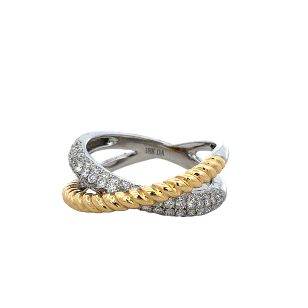 Rope Accented Diamond Criss Cross Ring in Two Tone Gold