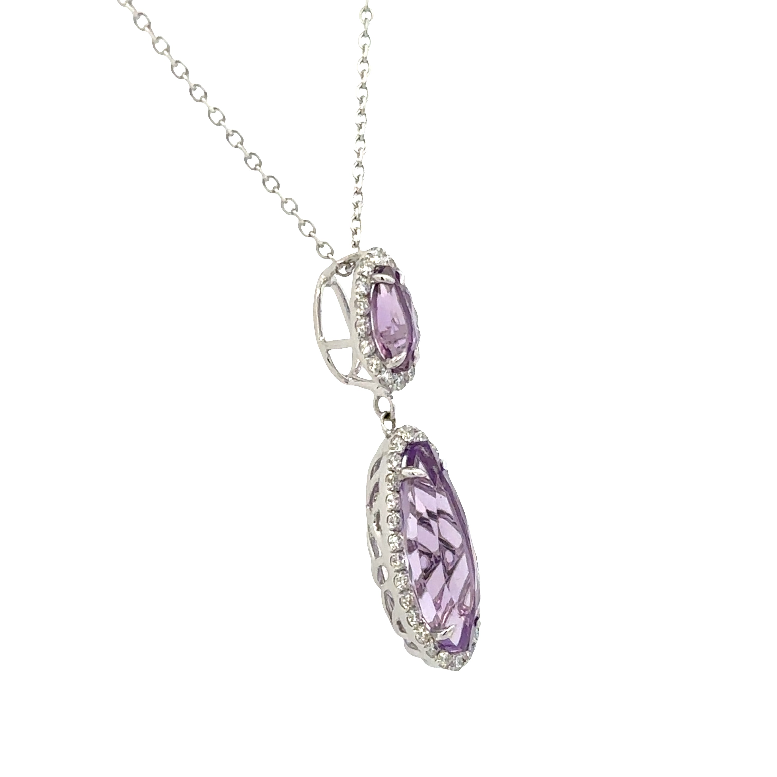14k White Gold Amethyst & Diamond Halo Pendant – Adjustable 18"