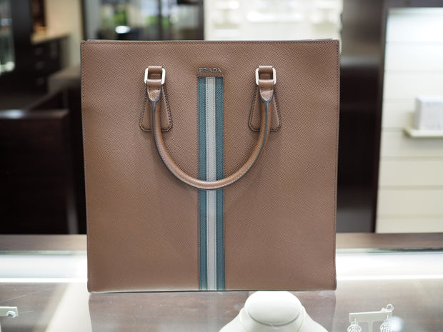 Prada Men's Brown Striped Saffiano Leather Open Tote Bag