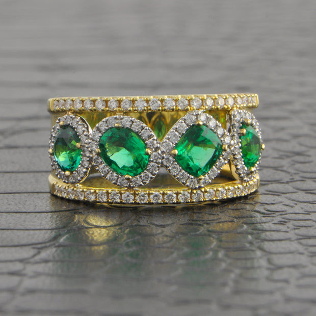 Wide Emerald and Diamond Band in Yellow Gold