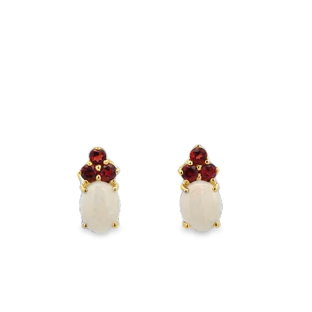 Opal and Garnet Stud Earrings in Yellow Gold