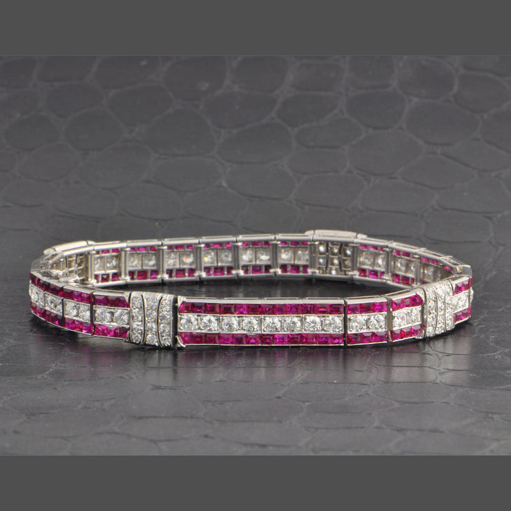 Antique Tiffany & Co. Art Deco No-Heat Burmese Ruby and Old European Cut Diamond Bracelet in Platinum