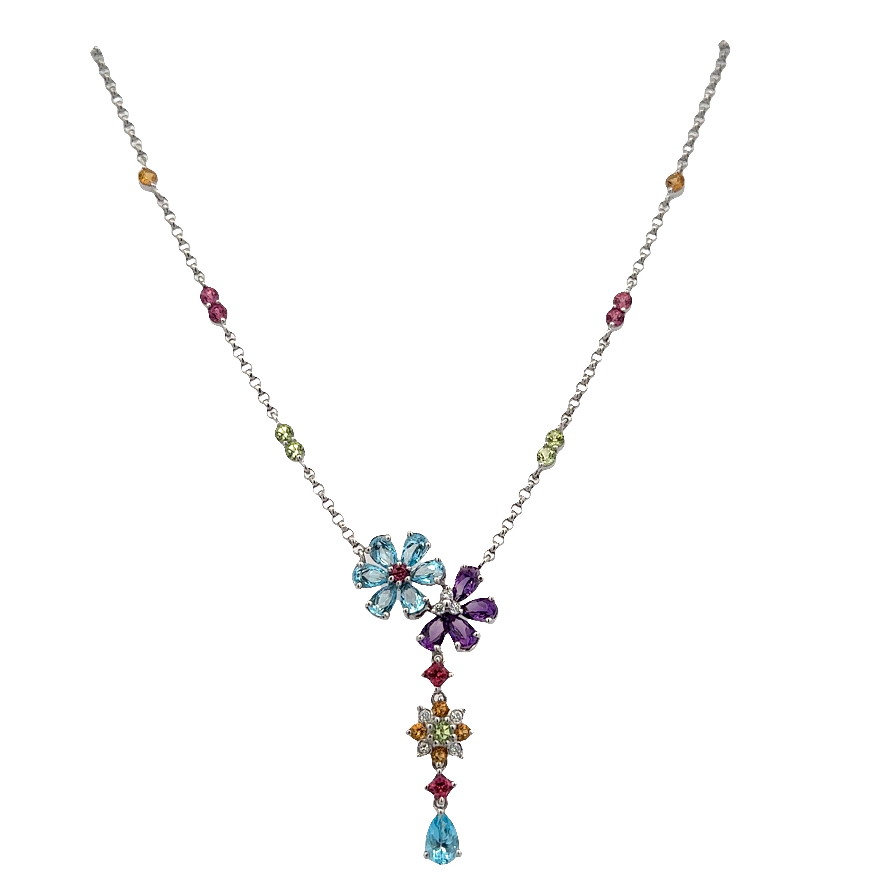 18k White Gold Multi Gemstone & Diamond Floral Drop Necklace – 15.5 Inches