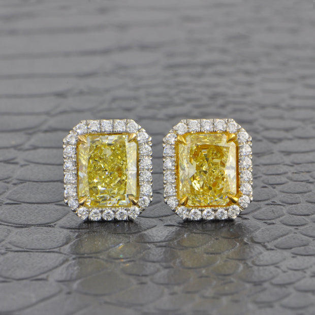 Statement Fancy Yellow Radiant Cut Diamond Stud Earrings in Platinum and 18k Gold