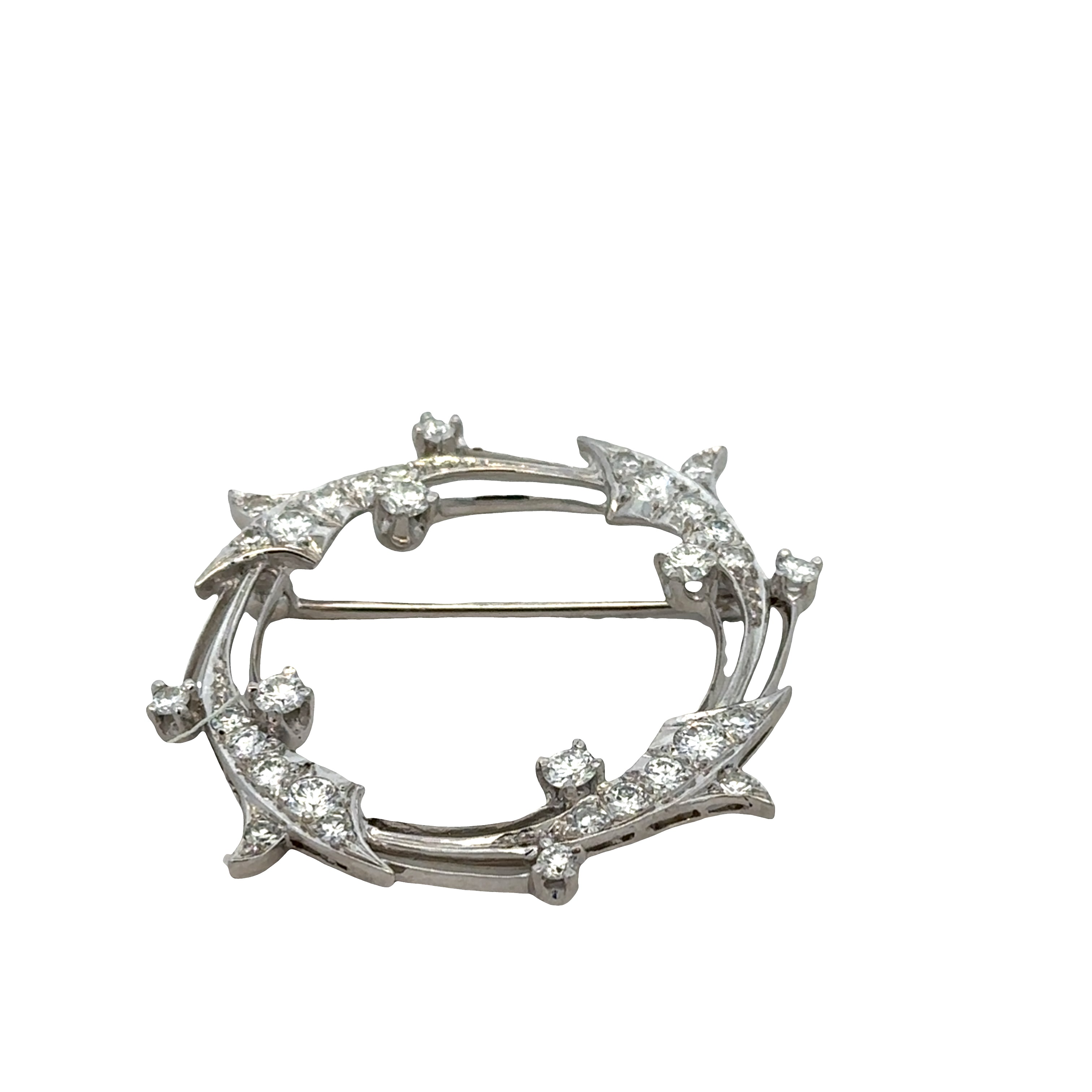 Vintage Mid-Century 14k White Gold Diamond Foliate Circle Brooch – Circa 1950s