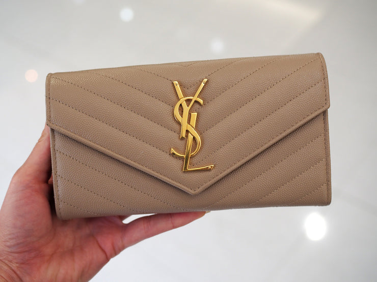 YSL Trifold Quilted Leather Wallet in Toupe