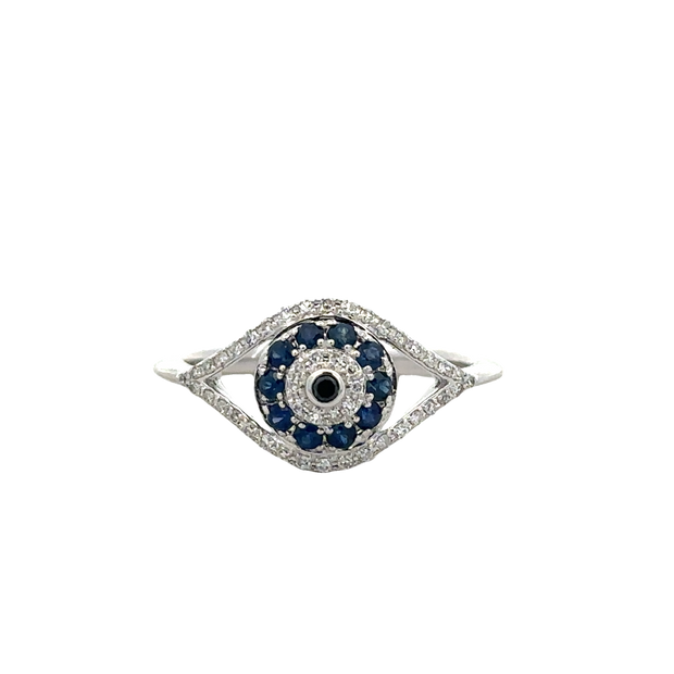 Sapphire and Diamond Openwork Navette Shape Ring in White Gold