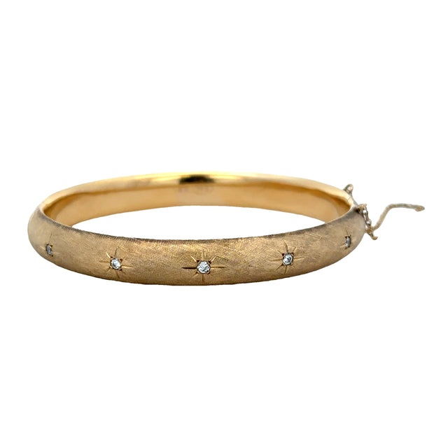 Brushed Star Set Diamond Bangle Bracelet in Yellow Gold