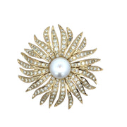 Statement Vintage Floral Button Pearl and Diamond Brooch in 18k Yellow Gold