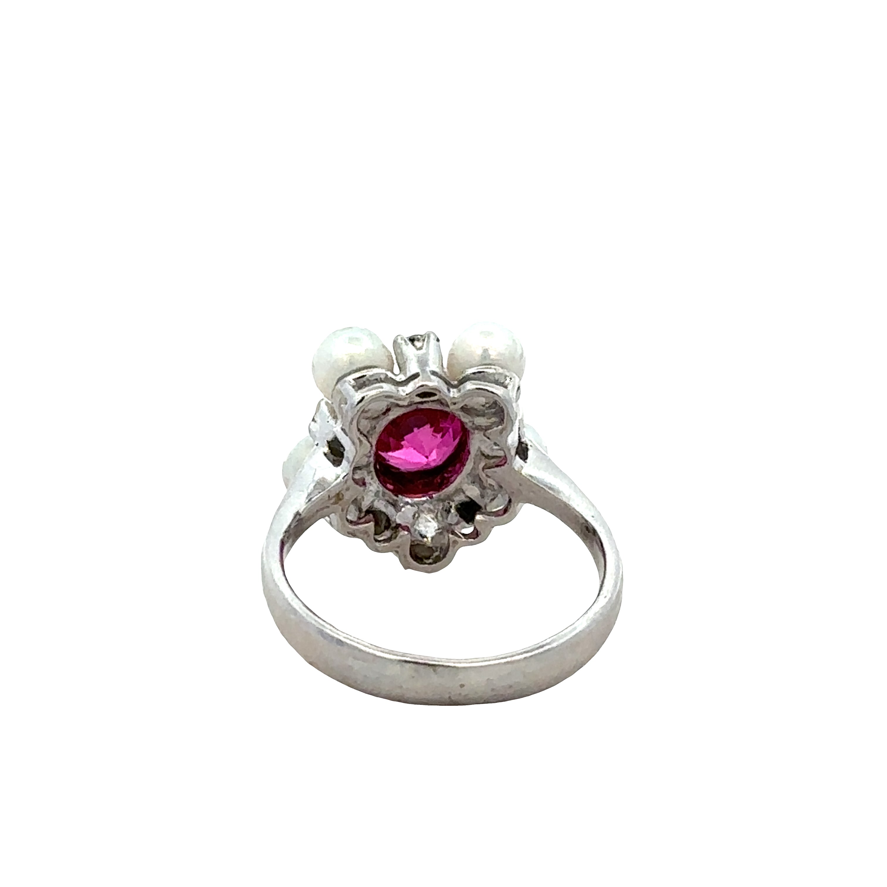 18k White Gold Pink Spinel, Pearl & Diamond Cluster Ring – Size 5.25