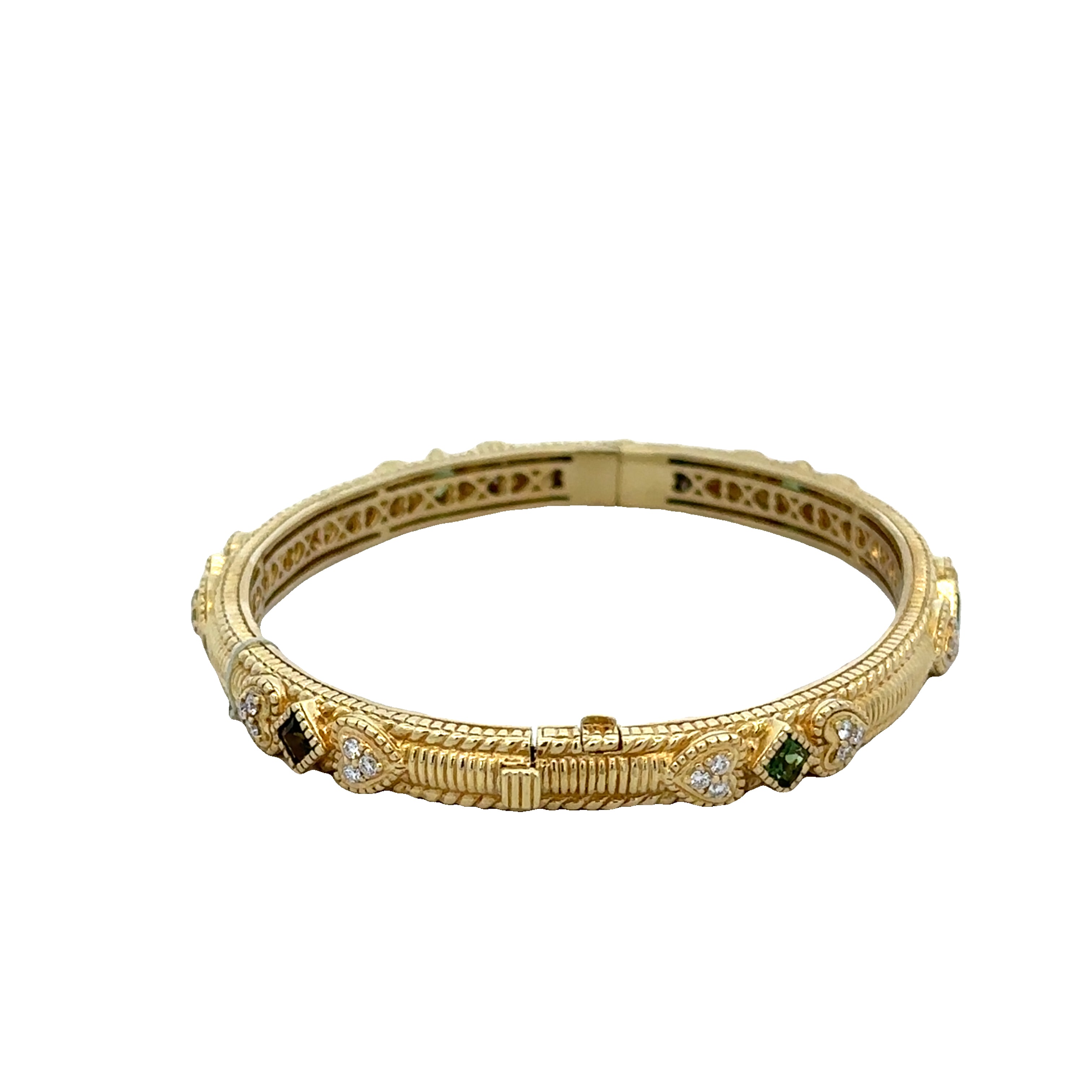 Estate Judith Ripka Green Tourmaline and Diamond Bangle Bracelet in 18k Yellow Gold