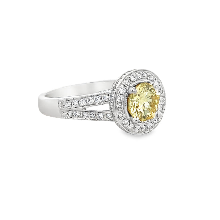 Fancy Yellow Diamond Halo Ring in White Gold