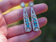 Antique Art Deco Blue Zircon and Diamond Drop Earrings in Platinum