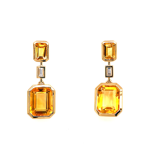 Citrine and Diamond Drop Earrings in Yellow Gold