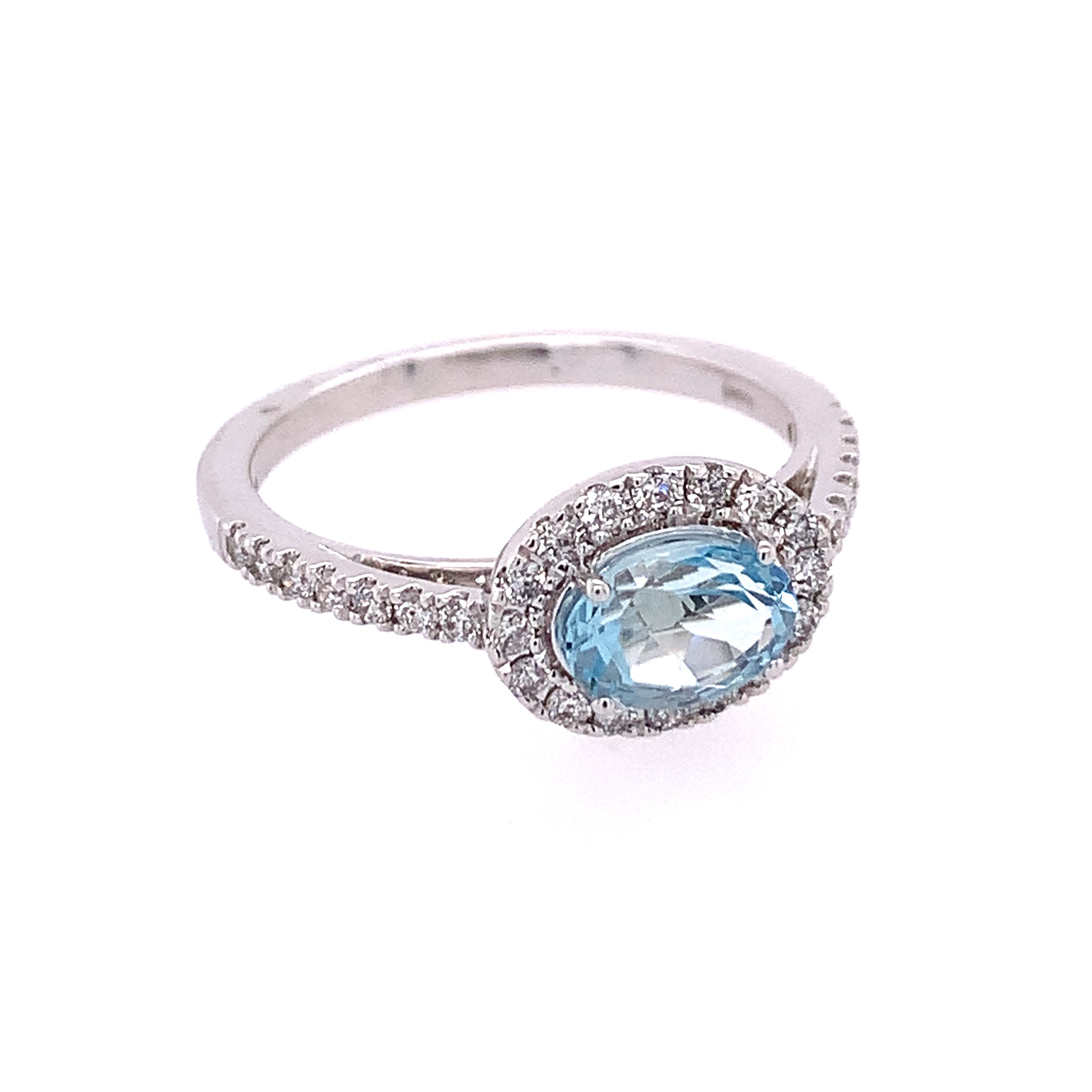 14k White Gold Aquamarine and Diamond Halo Ring – 0.70 ct. Aquamarine, 0.33 ct. Diamonds