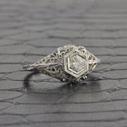 Vintage Art Deco Old Mine Cut Diamond Engagement Ring in 18k White Gold