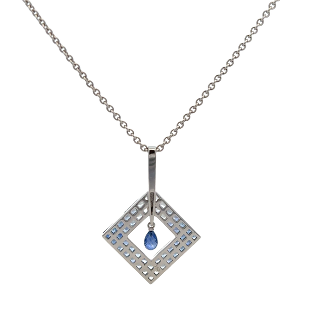 Kite Shaped Sapphire and Diamond Pendant in 18k White Gold