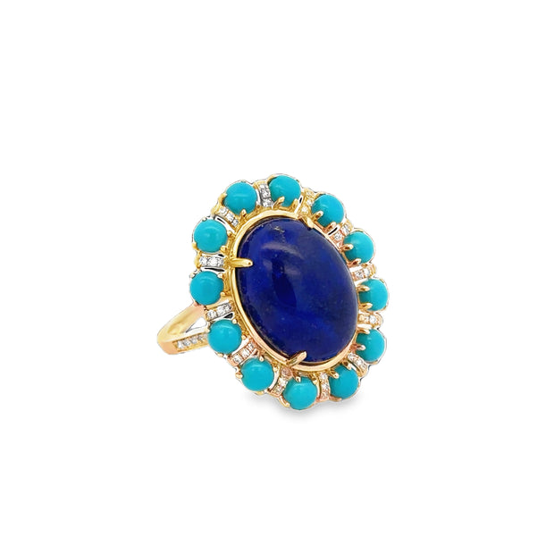 Statement Lapis and Turquoise Ring in Yellow Gold