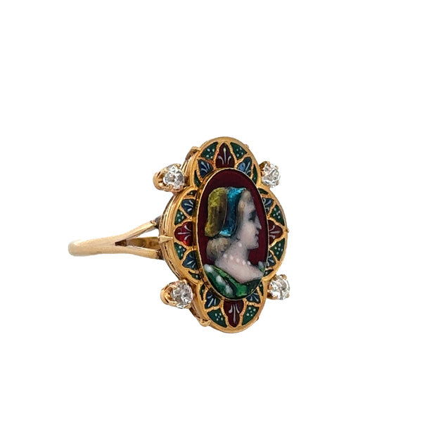 Antique Victorian Enameled Cameo Diamond Ring in Yellow Gold