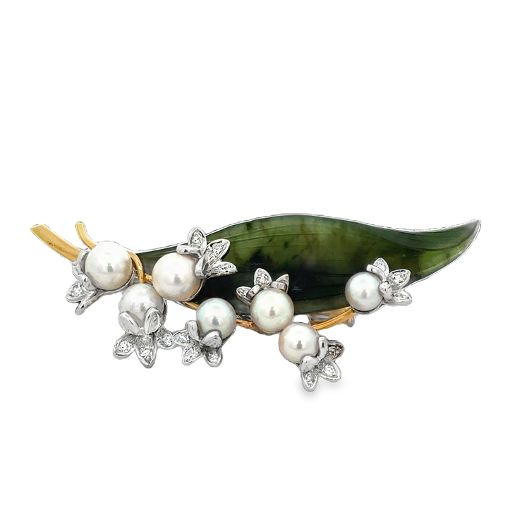 Vintage Designer 1970s Carved Jade, Akoya Cultured Pearls and Diamond Brooch in 18k Gold