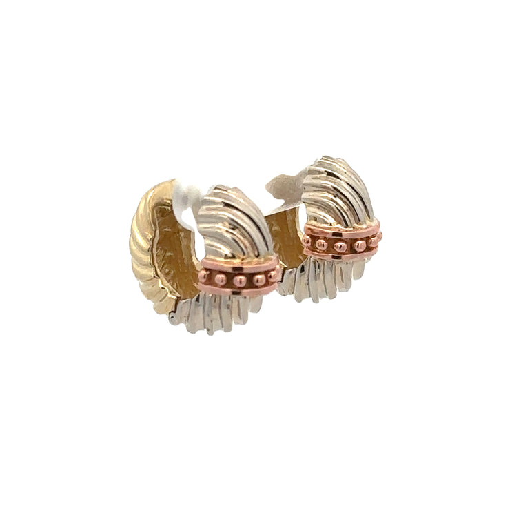 Tri Tone Gold Textured Hoop Earrings in 14k Gold