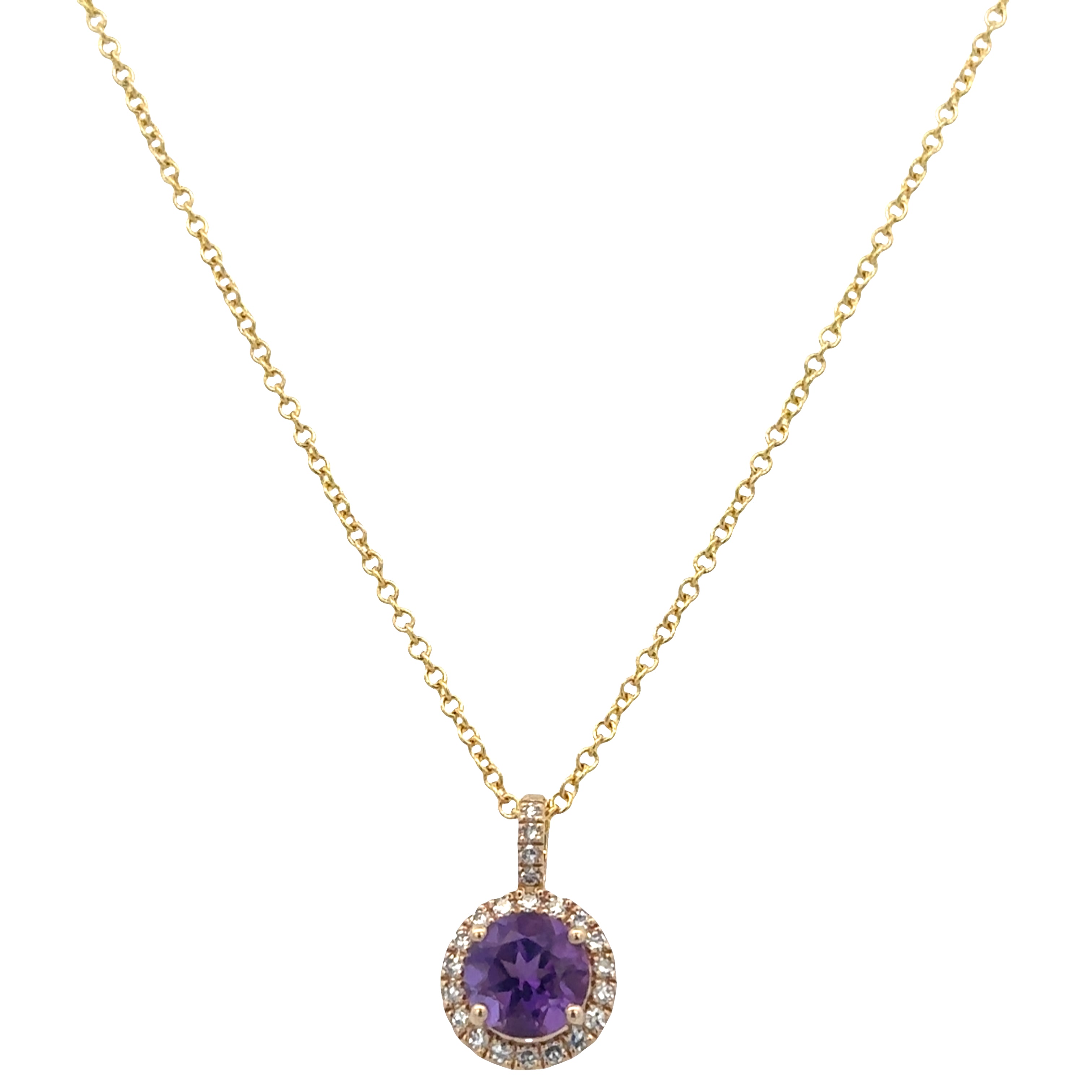 14k Yellow Gold Amethyst & Diamond Halo Pendant Necklace