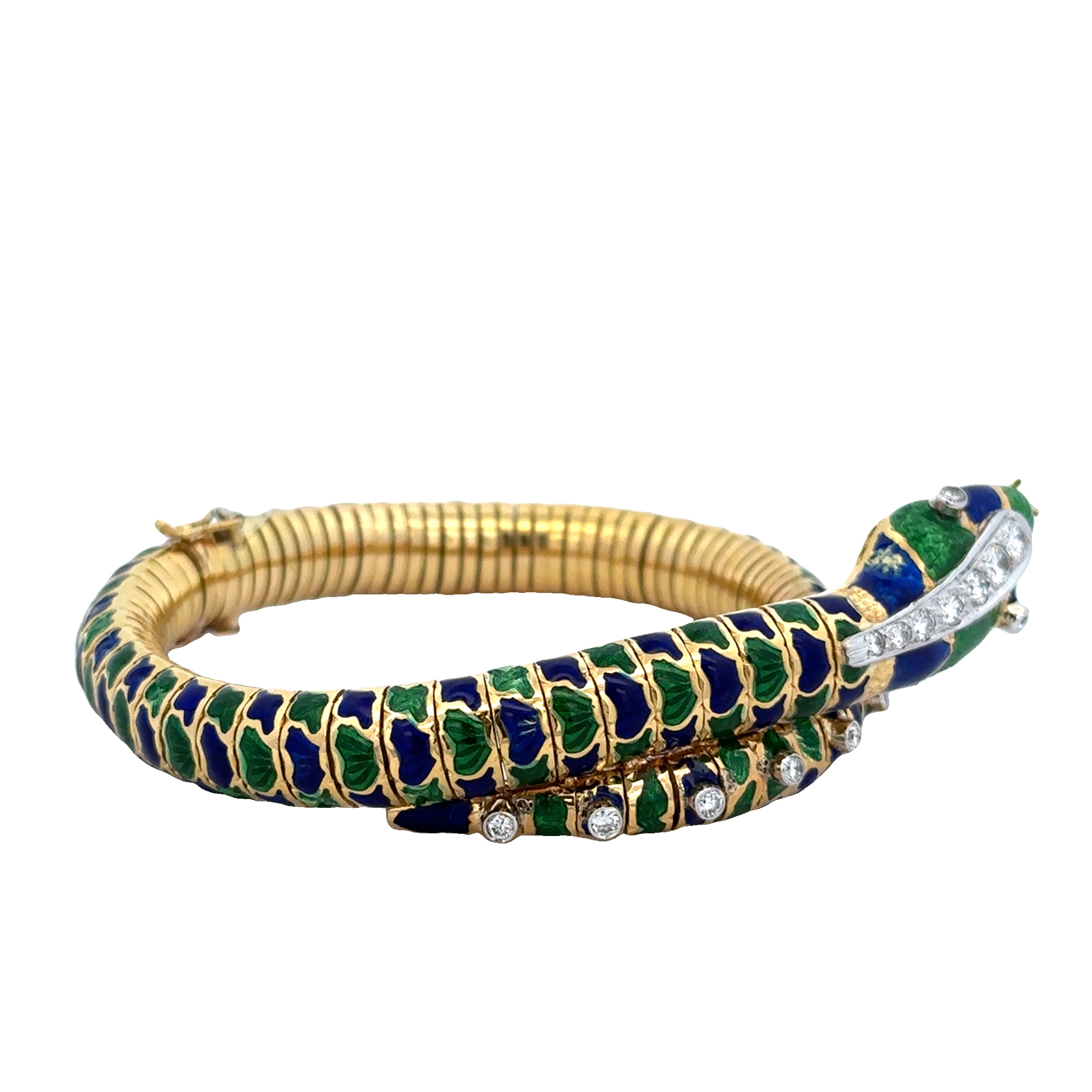 Vintage Flexible Enameled Snake Diamond Bracelet in 18k Yellow Gold