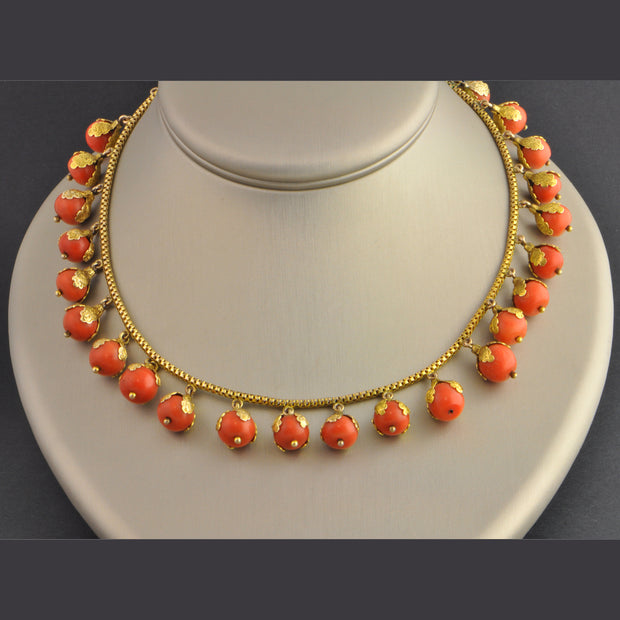 Antique 16" Foliate Style Coral Bead Necklace in Yellow Gold