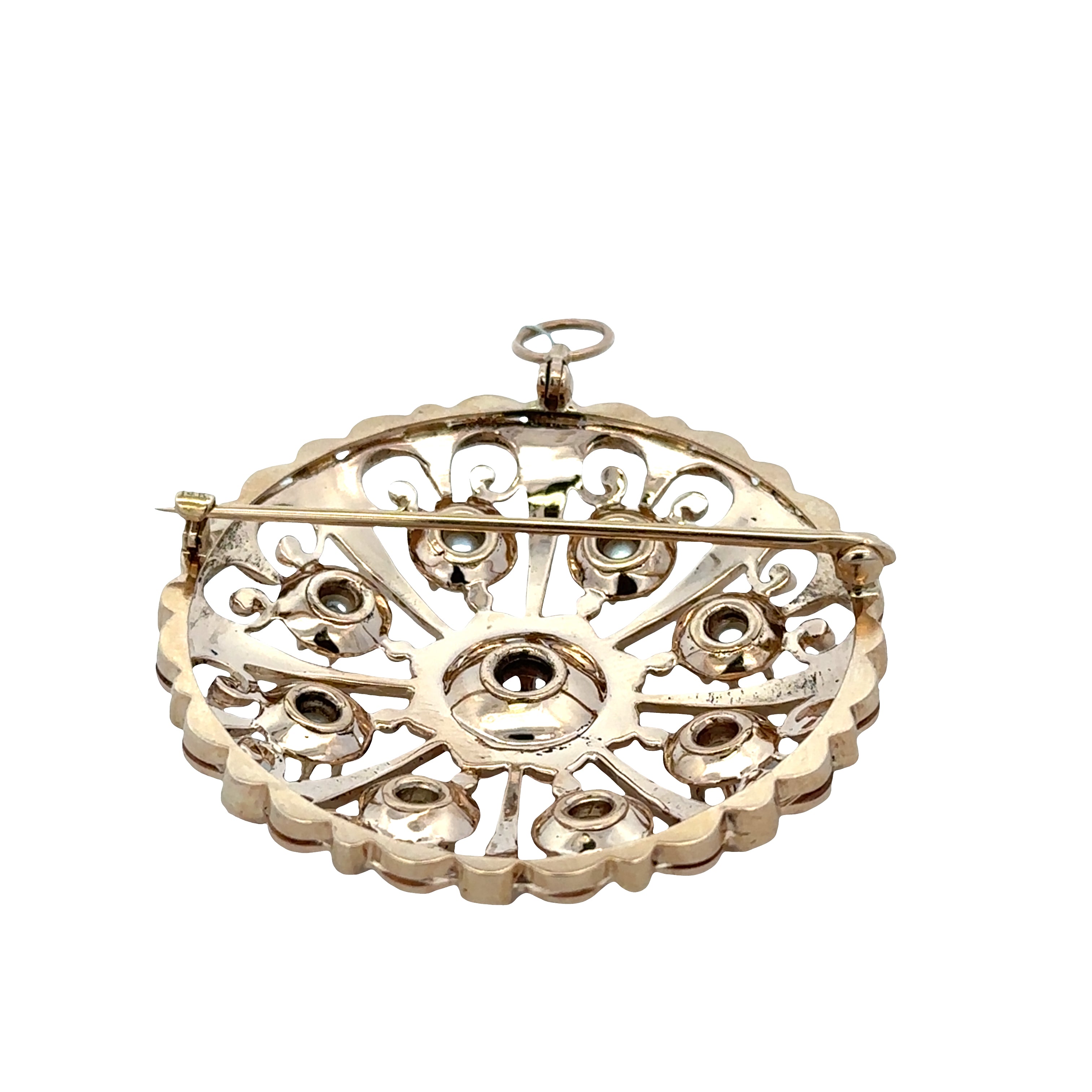 Vintage Victorian Revival 14k Yellow Gold Diamond, Enamel & Pearl Brooch/Pendant