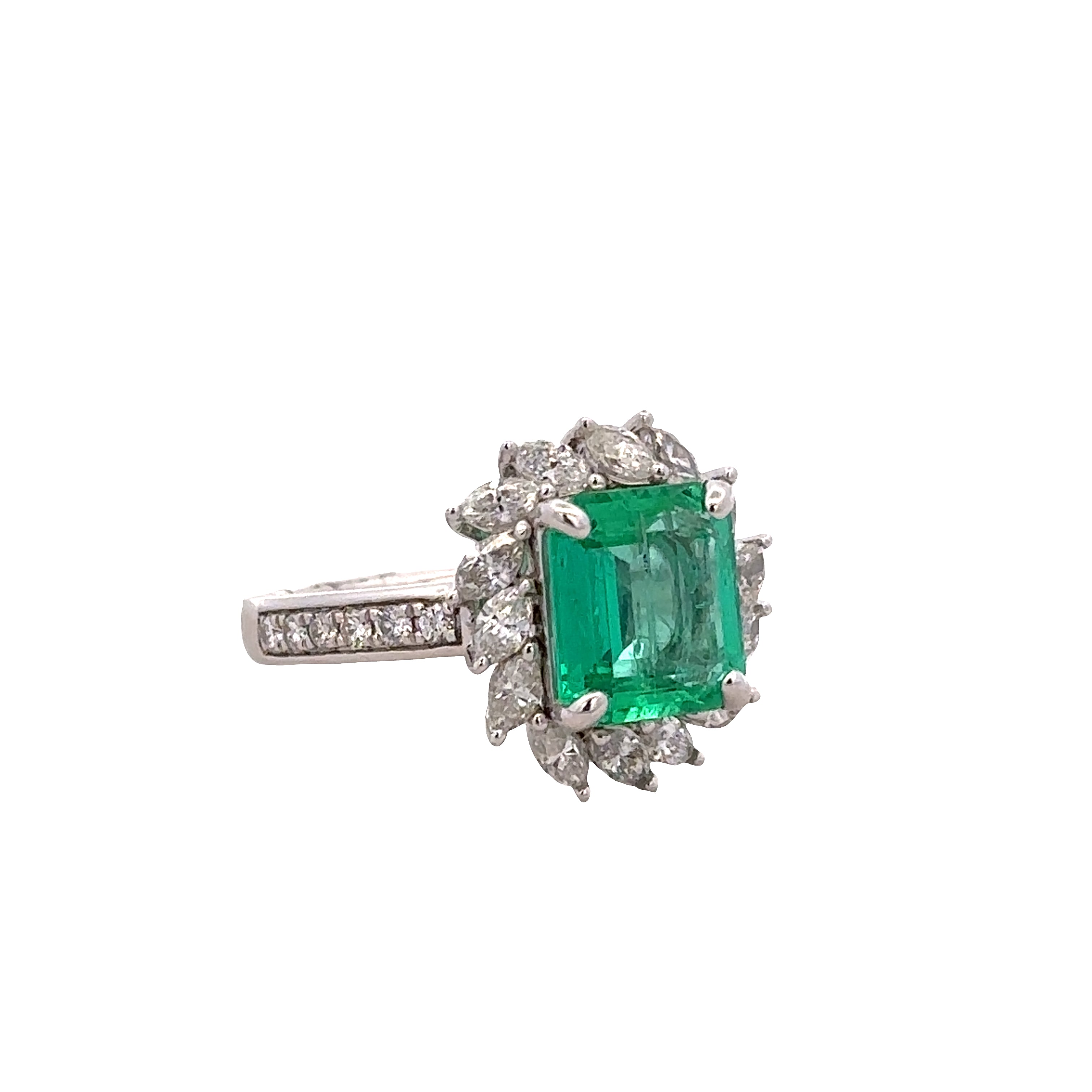 Platinum Emerald and Marquise Diamond Halo Ring – Size 6