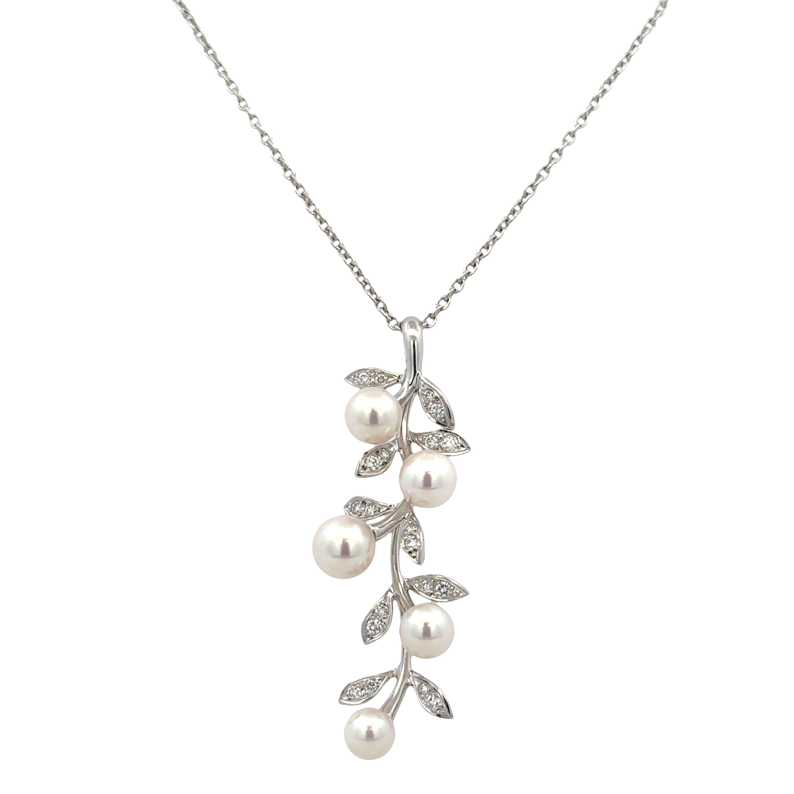 Estate Mikimoto 18k White Gold Pearl & Diamond Foliate Pendant Necklace – Adjustable 17.5"