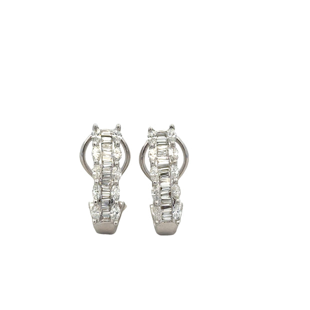 Tapered Baguette and Marquise Cut Diamond Huggie Earrings in White Gold