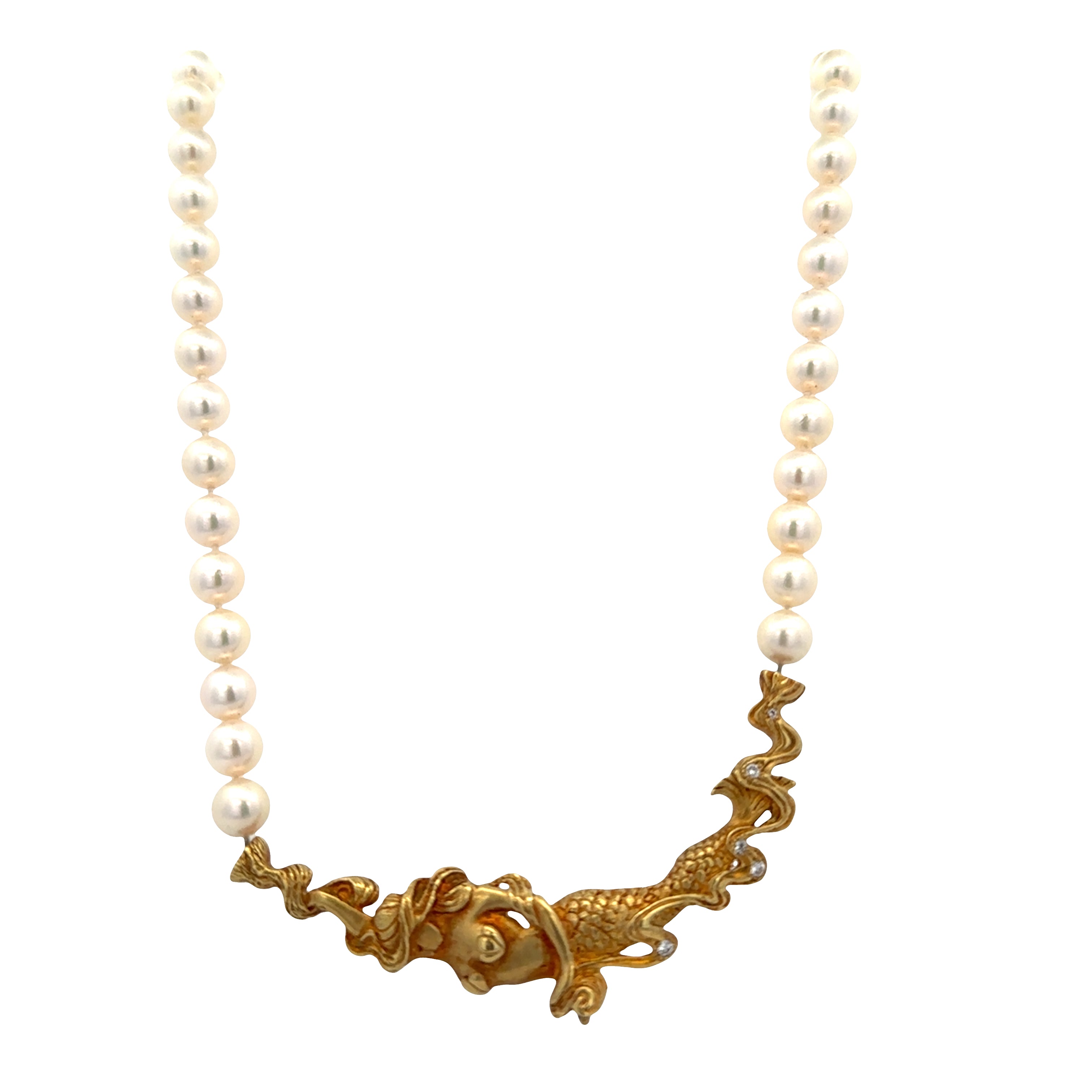 Pearl Necklace with 18k Yellow Gold Mermaid & Diamond Centerpiece – 16"
