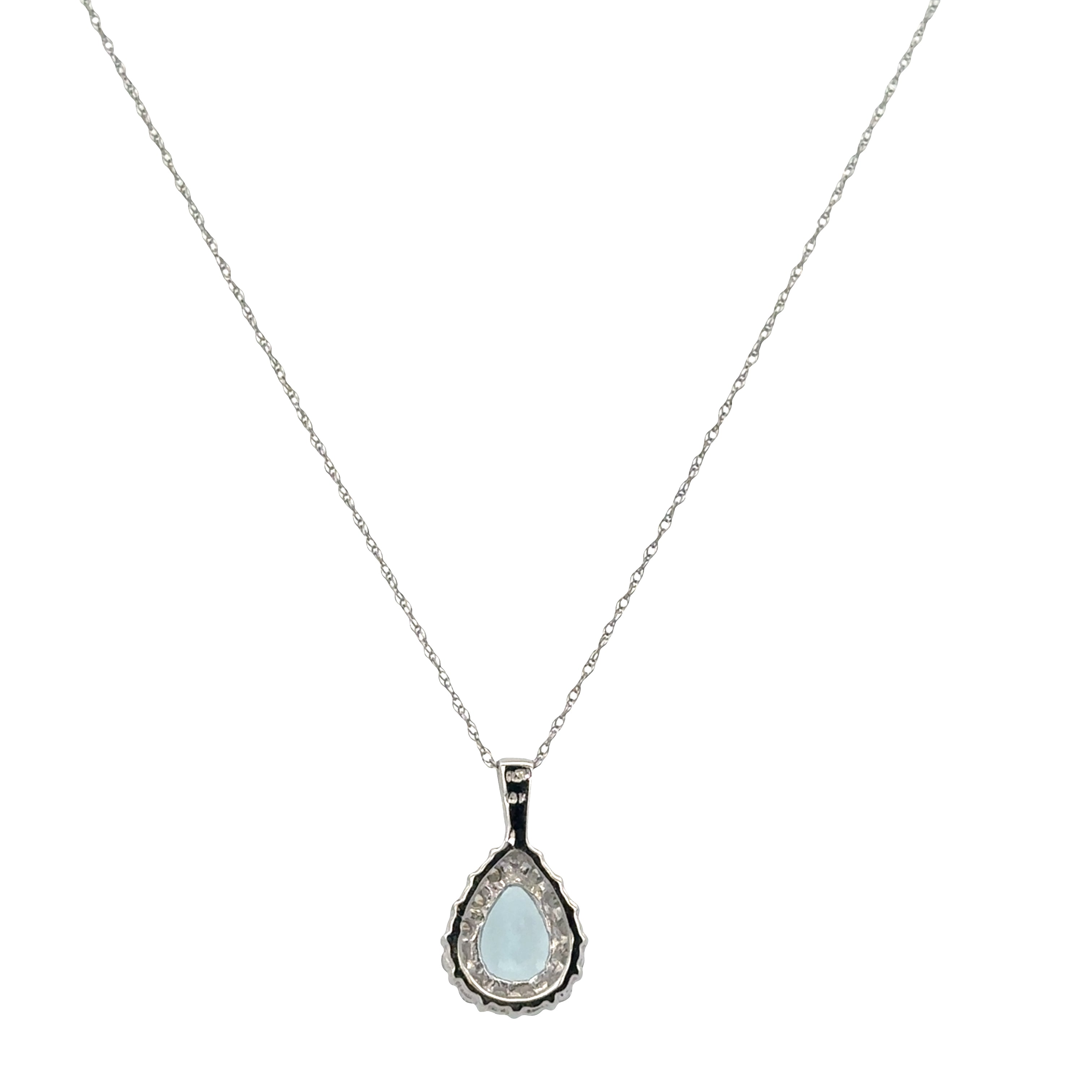 14k White Gold 0.95ct Pear Cut Aquamarine & Diamond Halo Pendant Necklace