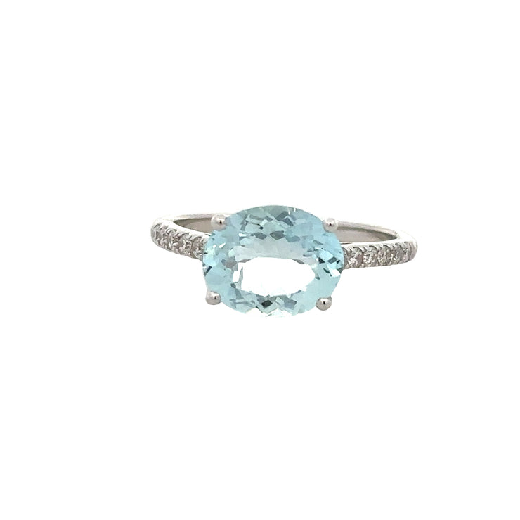 East to West Aquamarine and Diamond Ring in White Gold