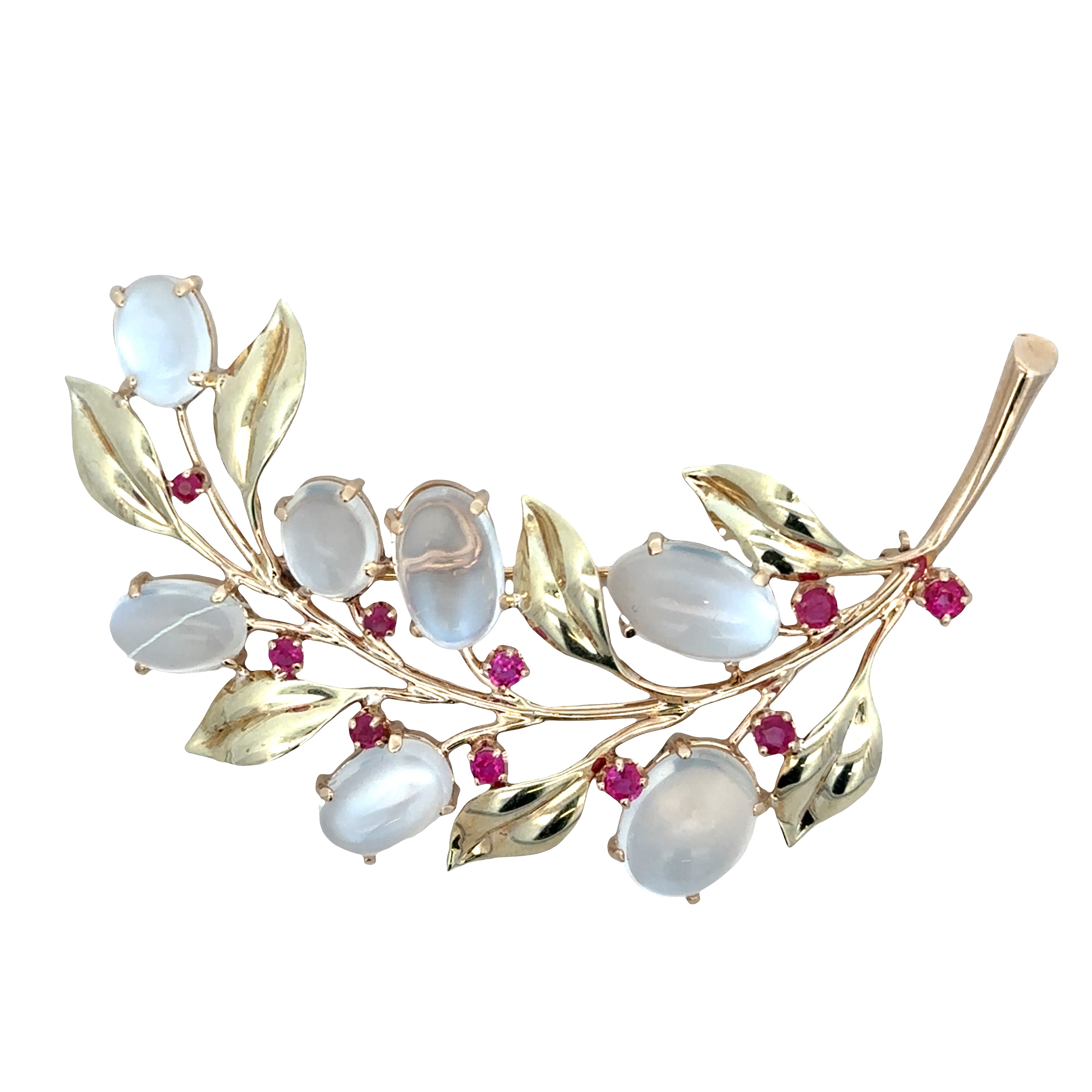 Retro 14k Yellow Gold Moonstone & Ruby Foliate Brooch – Circa 1940s–50s