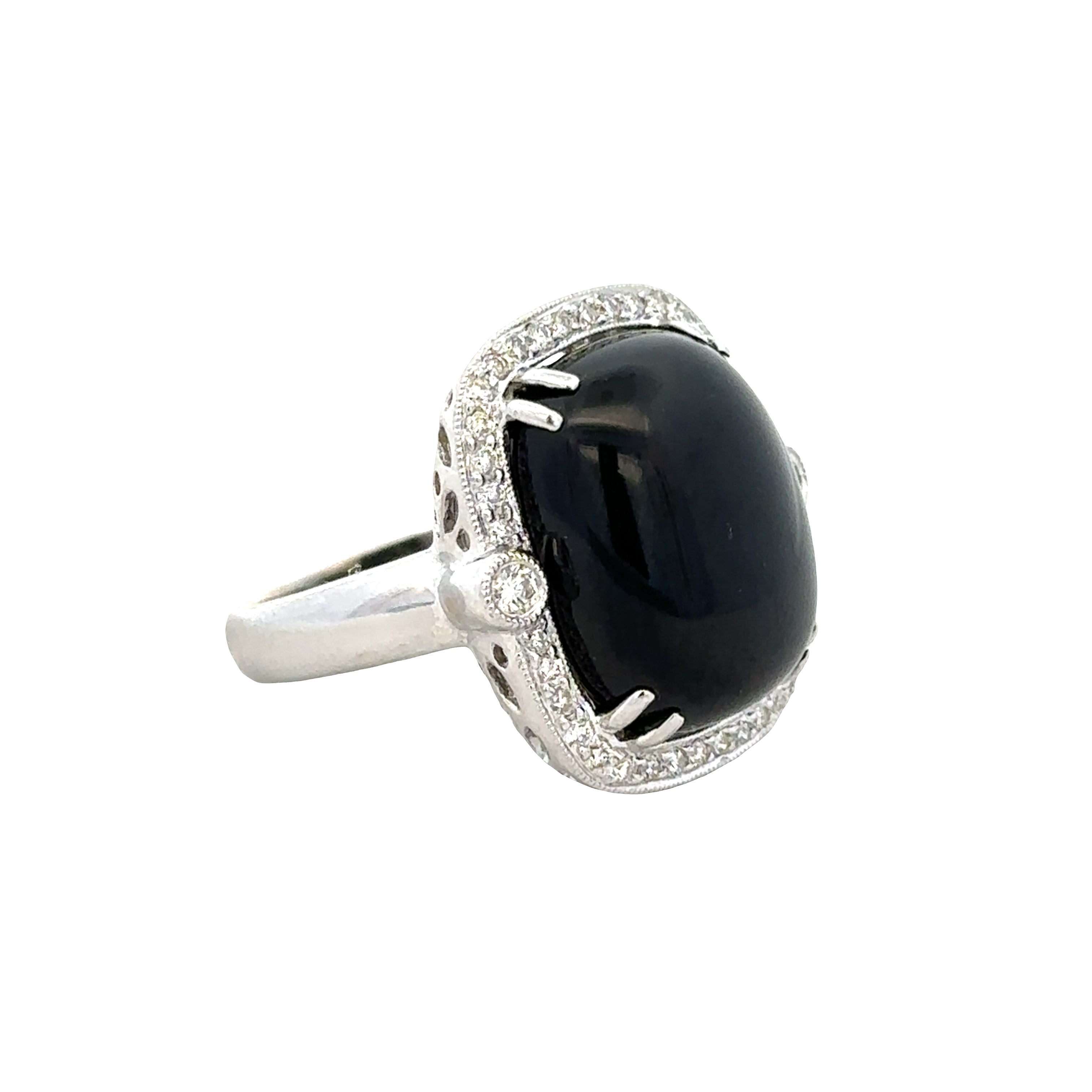 Statement 18k White Gold Black Onyx & Diamond Halo Ring – Size 6.75