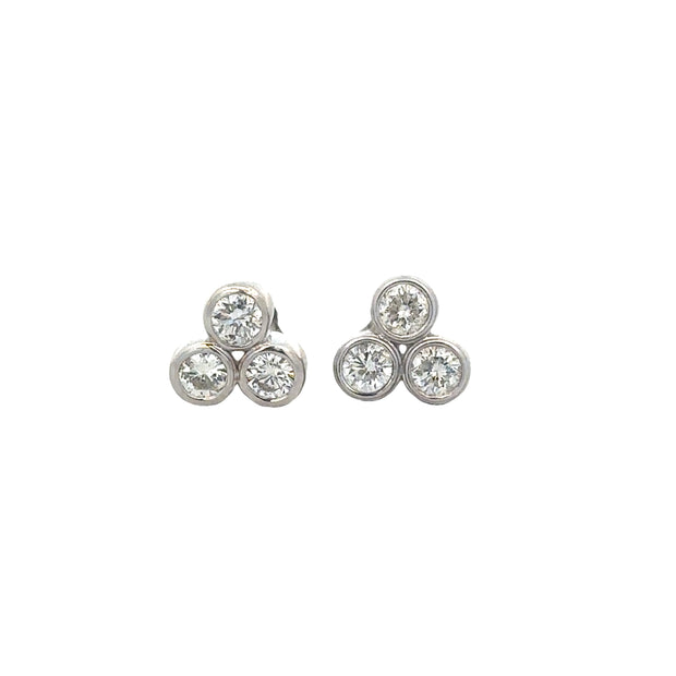 Diamond Three Stone Stud Earrings in White Gold