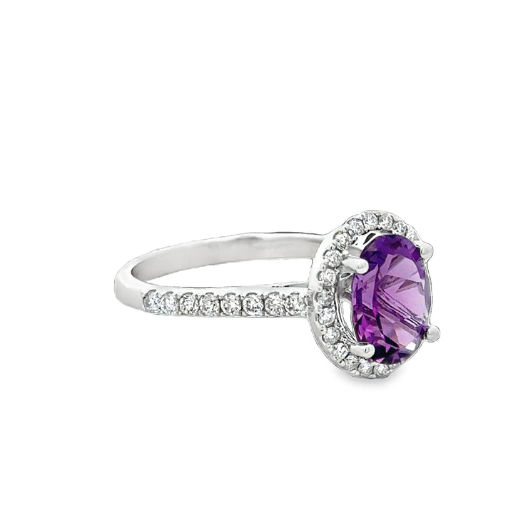 Amethyst and Diamond Halo Ring in White Gold