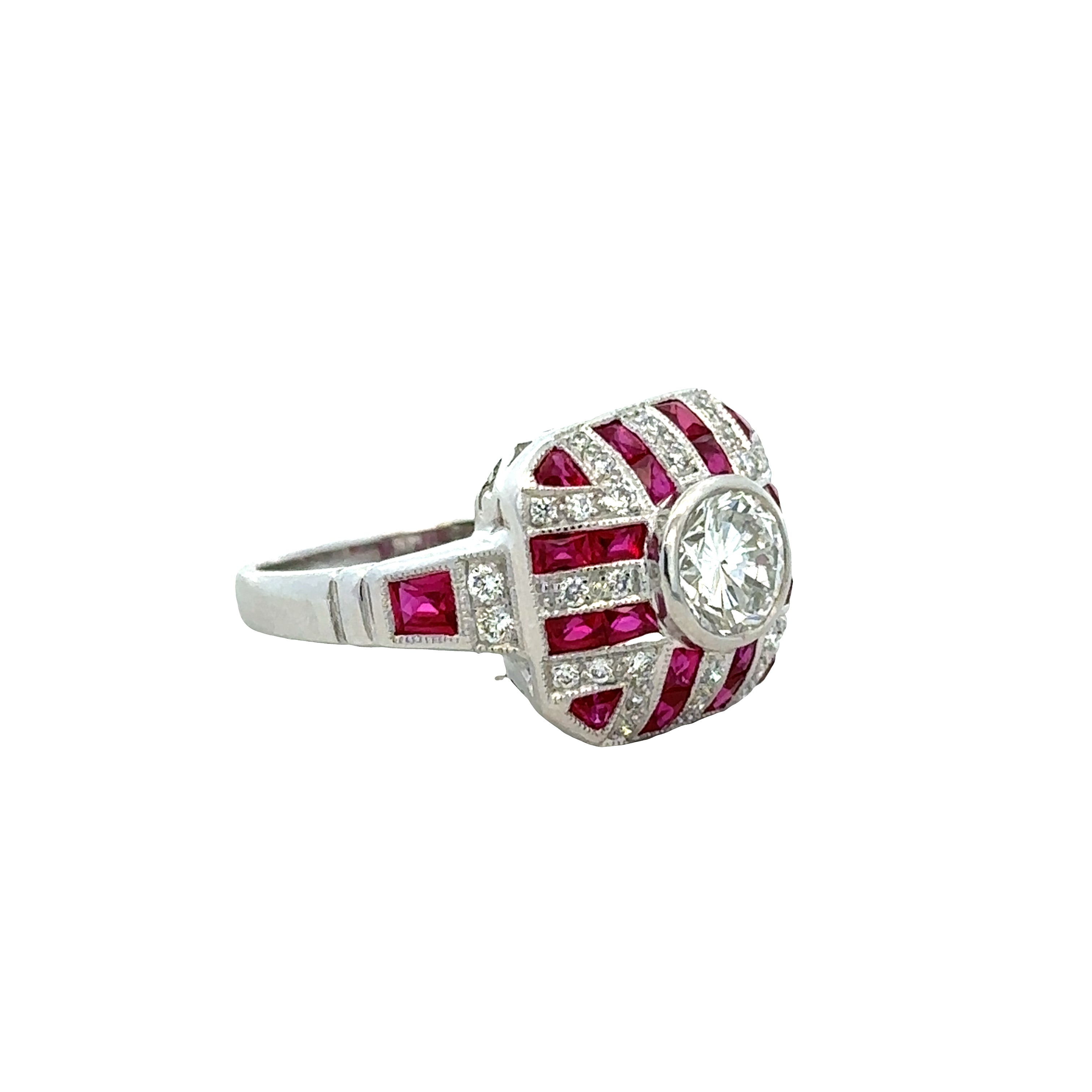 Art Deco Inspired Platinum Ruby and Diamond Ring – Size 6.5