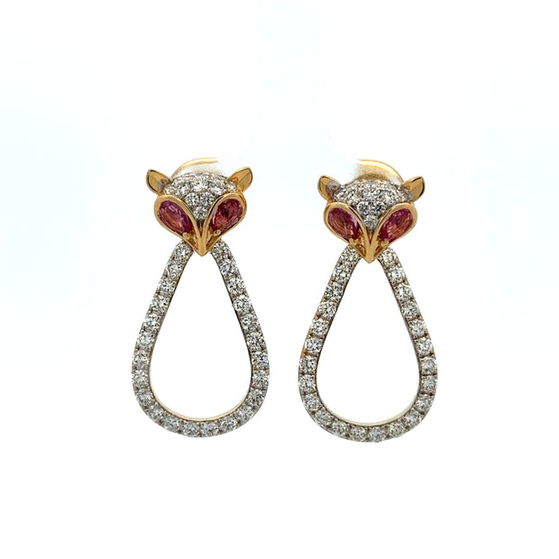 Diamond and Pink Sapphire Fox Earrings in White Gold